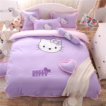 韩版可爱卡通KT猫贴布绣花儿童床群纯棉紫色床罩三四件套纯色床品