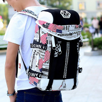 夏季双肩包男帆布青年初中学生书包时尚潮流涂鸦日韩大学生男背包