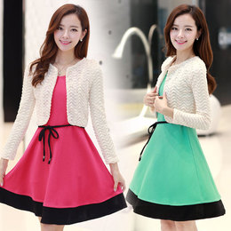 2014新款韩版套装两件套长袖连衣裙春秋季大码女装修身气质背心裙