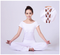 2014春夏新款瑜伽健身服短袖两件套装女 高档防透白色大师瑜珈健