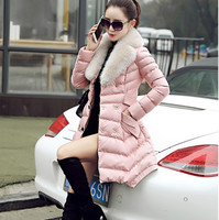 2015冬新款女装棉服韩版时尚中长款PU皮大毛领加厚羽绒棉衣外套潮
