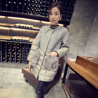 2015冬季新款韩版圆领拼接呢料棉女士中长款外套大衣女潮