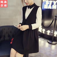 秋季新款韩版女装修身显瘦气质V领拼接无袖A字背心两件套装连衣裙