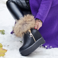 秋冬季欧美狐狸毛雪地靴子女短靴内增高坡跟厚底高跟女靴保暖加绒