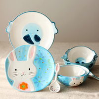 包邮手绘日式浮雕陶瓷碗碟 可爱卡通动物盘子碗勺子儿童套装餐具