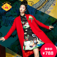 密扇设计师女装秋冬绣花中长款风衣民族中国风红色宽松羊毛呢外套