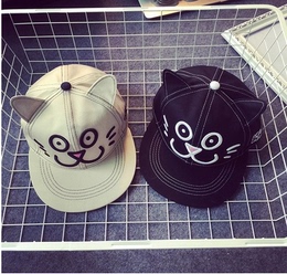 韩国代购卖萌卡通刺绣猫咪耳朵嘻哈帽韩版平沿棒球帽子可爱夏女