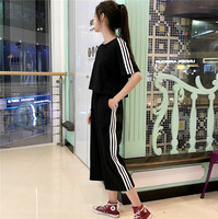 2017夏季新款韩版运动休闲套装女短袖T恤+九分裤阔腿裤学生两件套