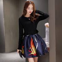 2015秋季新款时尚韩版女装圆领长袖针织何叶边A字裙两件套套装