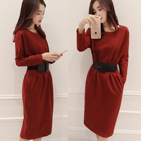 2015秋冬新款女装韩版中长款显瘦长袖一步裙包臀红色针织连衣裙女