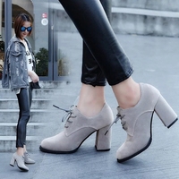 欧美流行系带高跟鞋尖头深口单鞋秋季绒面女鞋2016新款时尚女单靴