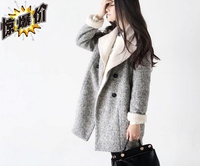 香港女爱梦想 秋冬季韩版女装灰色西装领双排扣毛呢子大衣外套