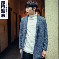 新款韩版个性无扣男士呢大衣 男时尚开衫雪花外套青年风衣