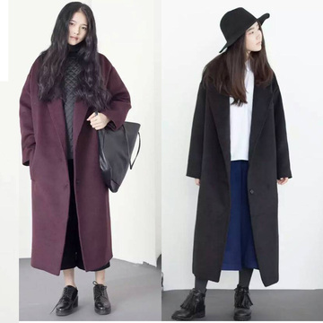 2015韩版宽松超长款加厚羊毛呢子大衣茧型加棉过膝毛呢宽松外套女