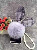 韩国代购可爱格子兔耳朵毛毛球苹果iPhone6/6s plus镜面手机壳软