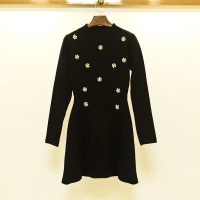 韩国代购2015秋冬装新款半高领长袖镶钻缝珠显瘦针织毛衣连衣裙女