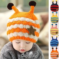 秋冬季新款双层加绒婴儿帽子 儿童帽加厚可爱小蜜蜂造型毛线帽子