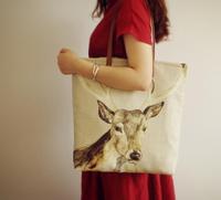 【麋鹿】原创设计高档亚麻手绘麋鹿文艺复古素雅大容量单肩手工包