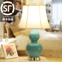 新中式台灯简约布艺灯具 创意时尚装饰陶瓷台灯卧室灯 温馨床头灯