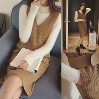 韩国2015冬装新款韩版气质V领长款后开叉打底无袖连衣裙女送腰带