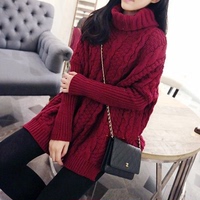 韩版高领套头毛衣冬季女装中长款宽松蝙蝠袖打底衫针织衫加厚外套