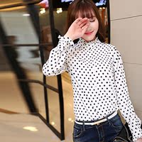 2016新款 韩版修身显瘦长袖打底衫 女衬衣 黑白点女装上衣