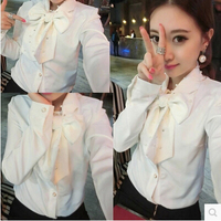 蘑菇街女装秋装2015 韩版甜美可爱蝴蝶结领珍珠气质显瘦白衬衫女