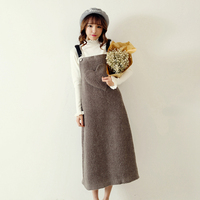 15冬独家设计师款韩国甜心爱心口袋灰色羊毛呢长款背带裙连衣裙