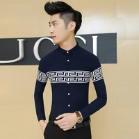春秋型男潮流印花长袖衬衫修身型青少年韩版学生个性衬衣春季寸衫