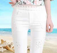 白色七分裤女夏季2015新款大码休闲弹力显瘦7分小脚裤子薄款绣花