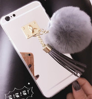 韩国原版獭兔毛球6S苹果iPhone6plus手机壳镜面流苏5.5手机壳5 5S