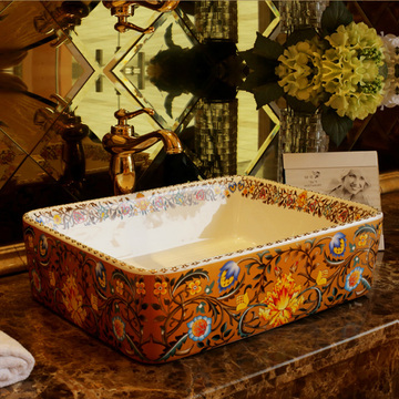 景焱新款 华丽方形印花陶瓷艺术台盆洗面盆台上盆洗手盆花枝缠绕