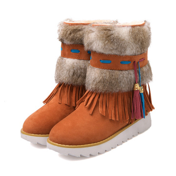 冬季流苏靴加厚短筒磨砂雪地靴平底防滑女学生短靴加绒棉鞋面包鞋