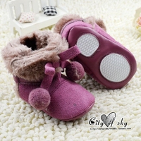 冬季球领蝴蝶结加绒保暖婴儿靴子 0-1岁男女宝宝防滑软底学步鞋