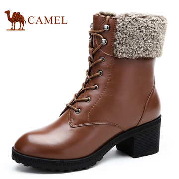 Camel骆驼女靴 高跟中筒靴交叉绑带 2014冬季新款英伦休闲时装靴