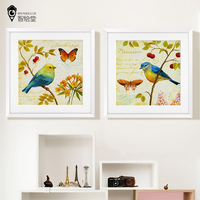 欧美复古花鸟装饰画 客厅沙发卧室餐厅小清新壁画有框三联挂画