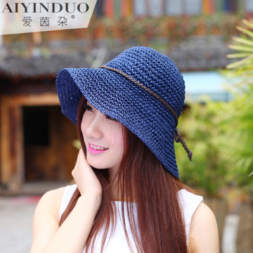 韩版夏季新款可折叠手钩遮阳草帽子女士 遮阳沙滩帽子