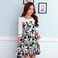 2015韩版女装春夏季新款七分袖短袖连衣裙子花动物图案胖MM有大码