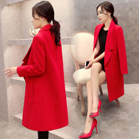 2015秋冬新韩版修身红色中长款加棉厚毛呢外套女气质时尚毛呢大衣