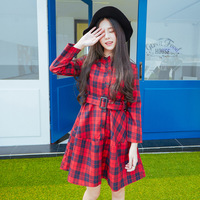 2015韩国东大门女装秋冬装新款复古格子单排扣长袖收腰连衣裙