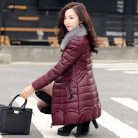 棉衣女2015冬装新款韩版修身PU皮加厚羽绒棉大毛领中长款棉服外套