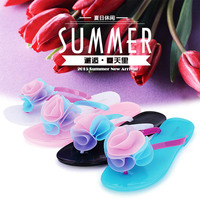 夏季女人字沙滩拖鞋 夹脚水晶塑料透明糖果色花朵平底柔软凉拖鞋