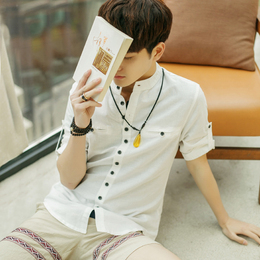 夏季新款男士亚麻七分袖衬衫青年韩版纯色休闲中袖衬衣学生潮上衣