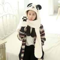 帽子女冬天卡通熊猫连体帽子围巾手套一体冬季加厚保暖帽生日礼物