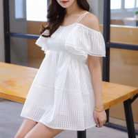 2015夏装韩版新款白色雪纺荷叶边飞飞袖仙女裙吊带露肩连衣裙短裙