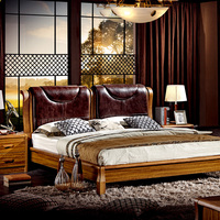 诗涵现代中式实木床1.8米 双人公主床软靠真皮床 橡木储物高箱床