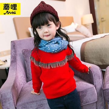 【蘑哩】2015冬装新款宽松韩版女童装流苏宝宝线衫加厚绒套头毛衣