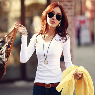 韩版女式秋装上衣长袖白色T恤修身显瘦纯色打底衫女款学生闺蜜潮