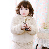 斑可可 2015秋冬 韩国进口仿兔毛夹棉蕾丝花边 连帽 短款女童外套