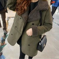 2015韩国冬装新品大衣中长款麂皮绒女外套加厚双排扣羊羔绒大衣